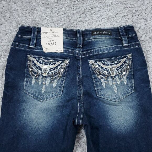 Stella in Dreams Mid Rise Boot Jeans Bootcut Sequin Bull Oxen Size 15 32 Blue - Picture 3 of 11